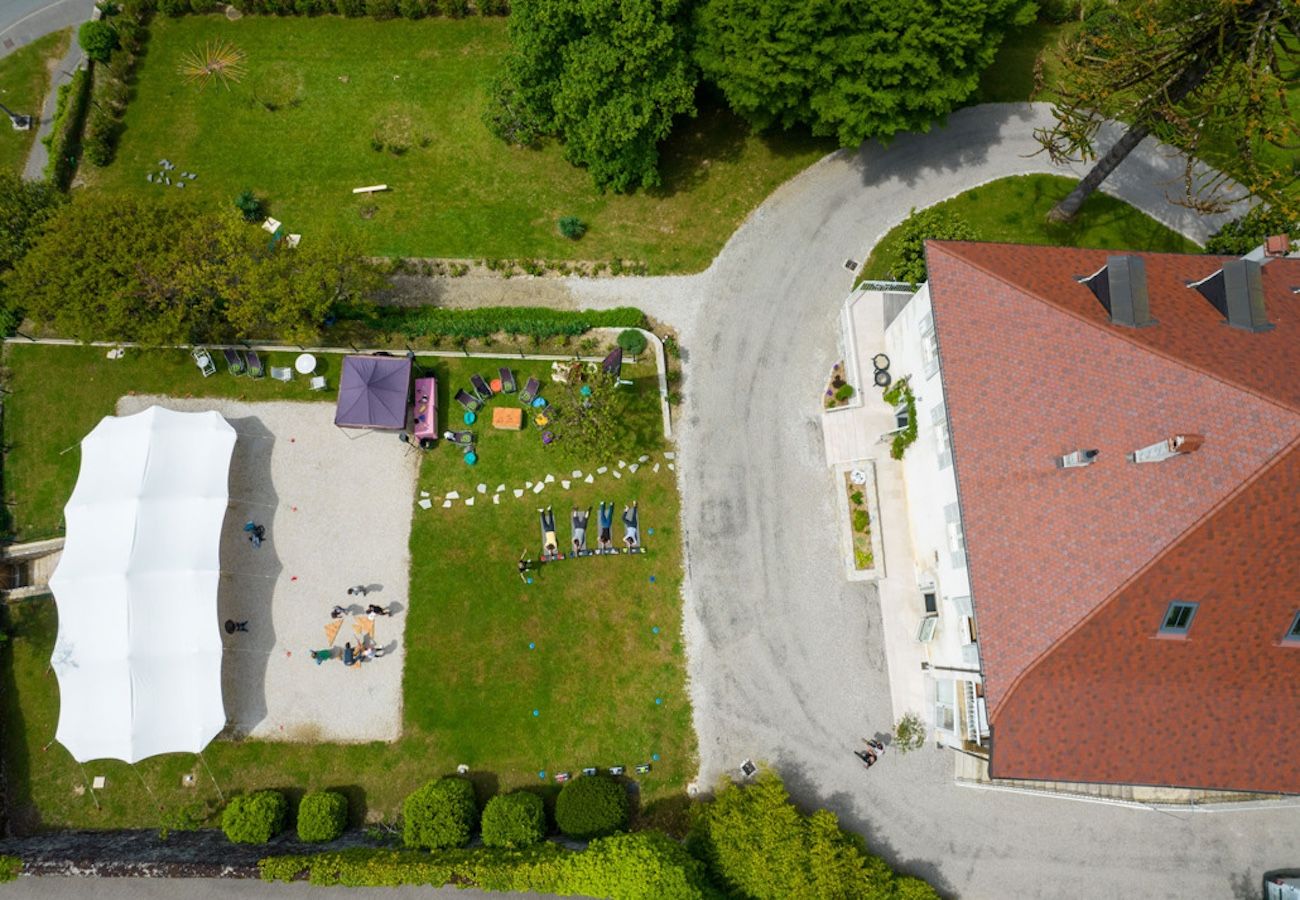 Sky view of the estate, garden, nomad-tent